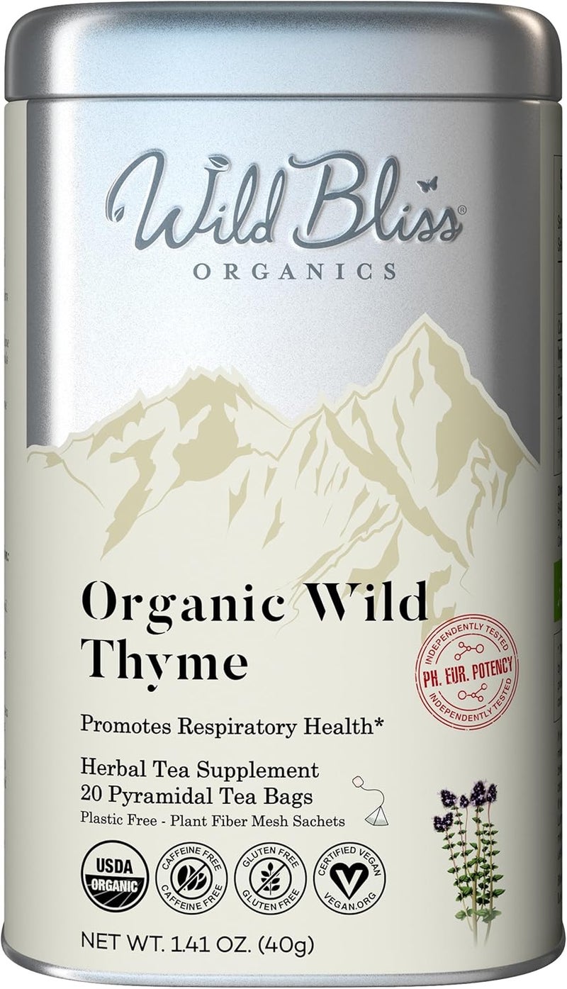 Wild Bliss شاي الزعتر البري العضوي من وايلد بليس - خالي من الكافيين لدعم الجهاز التنفسي - 20 كيس شاي نباتي - Image 1
